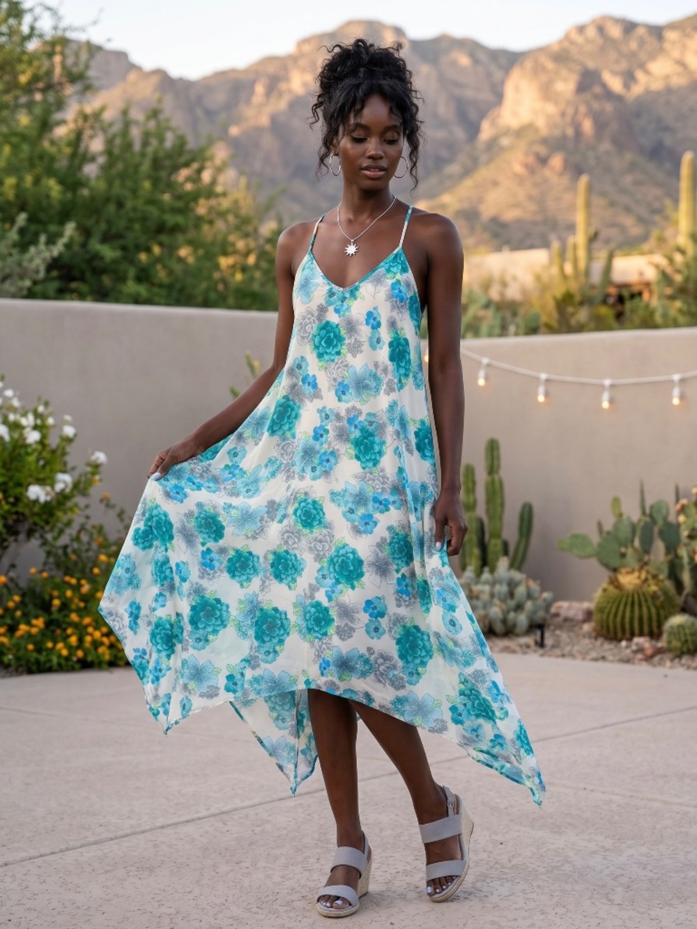 Lovestitch White Blue Floral Asymmetrical Midi Dress | Flowy Handkerchief Hem - Picture 6 of 6
